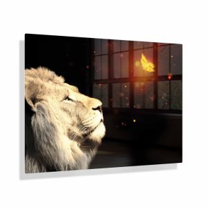Voorbeeldfoto Leeuw met vlinder op aluminium fotopaneel