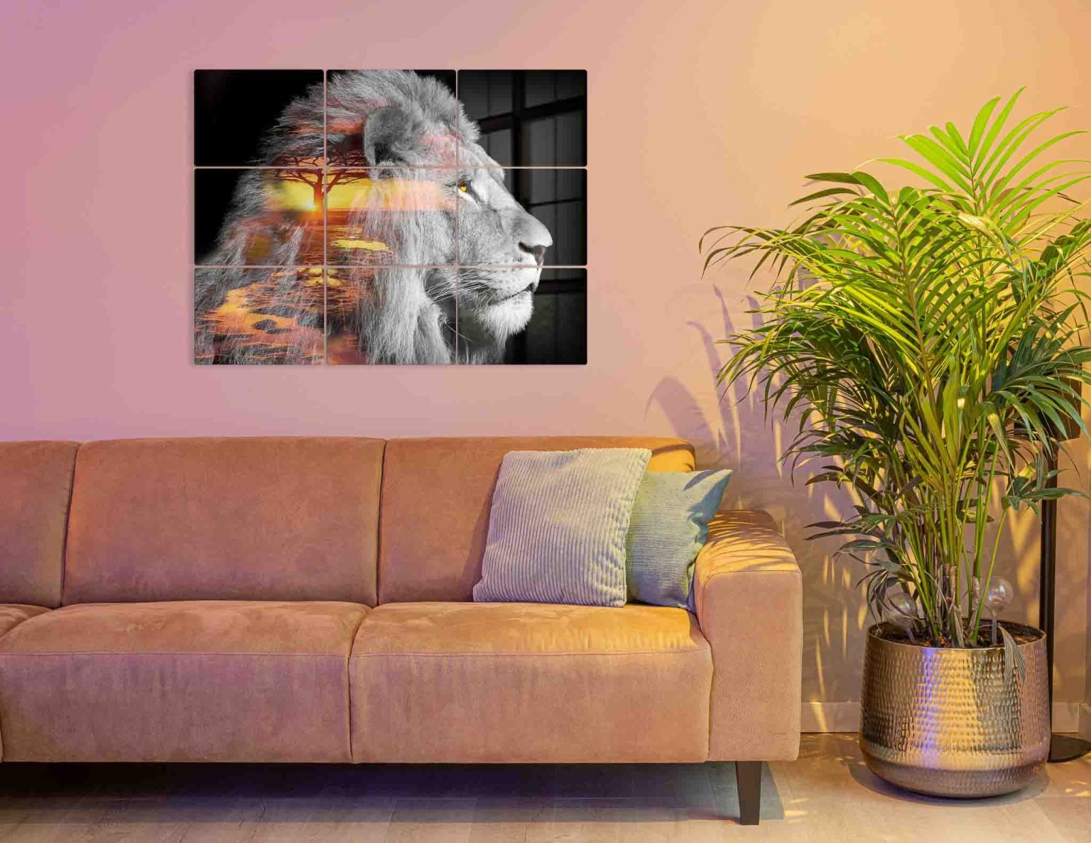 Woonkamerfoto Leeuw Savanne op aluminium op 9 fotopanelen