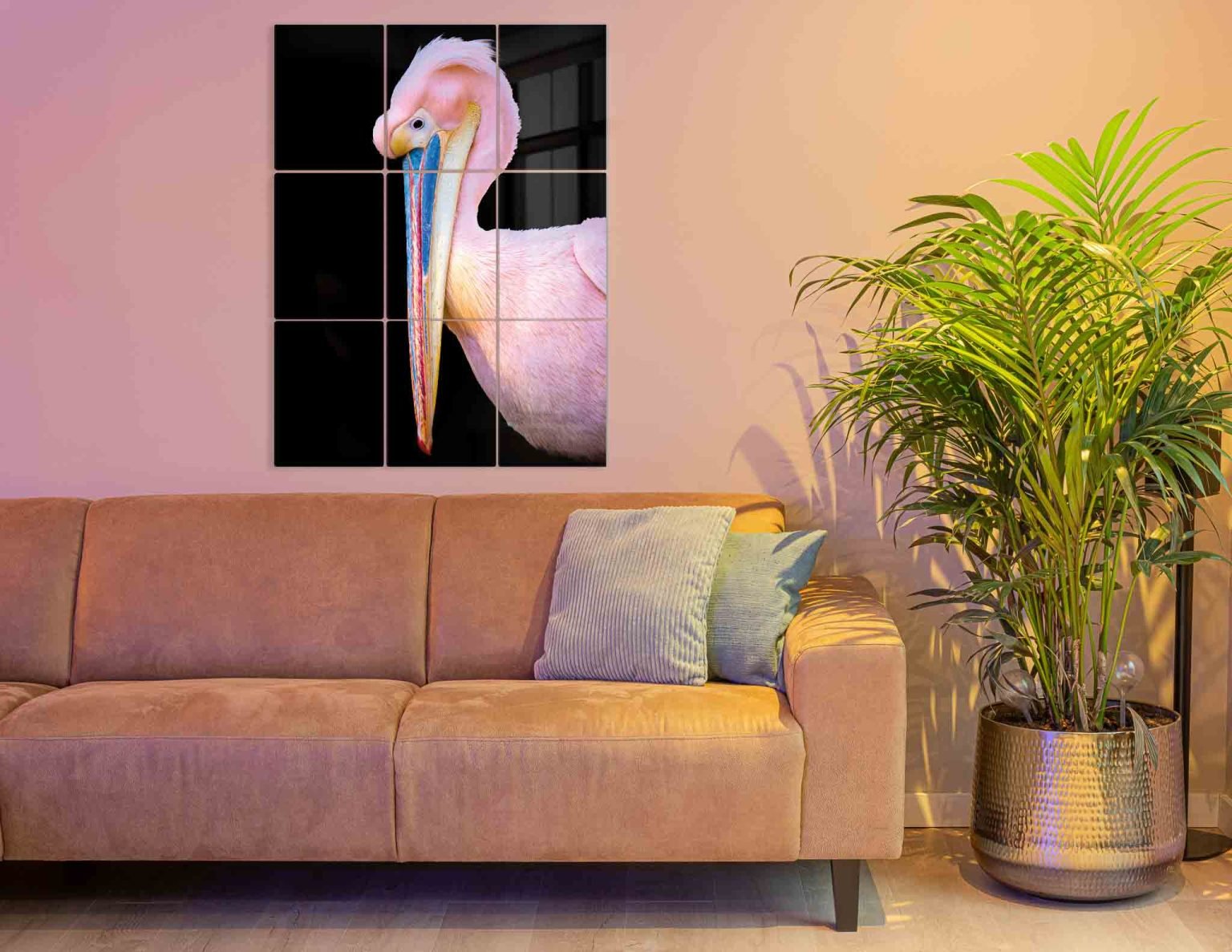 Woonkamerfoto Pelikaan zijaanzicht op aluminium op 4 fotopanelen