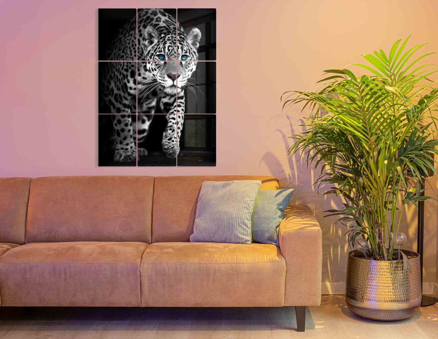 Woonkamerfoto Jaguar op aluminium op 9 fotopanelen